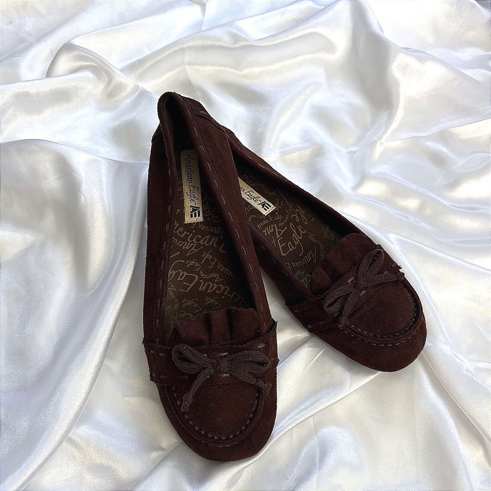 American Eagle Brown Suede Moccasin Flats Bow Detail Shoes Womens Size 9